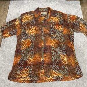 Johari West Shirt Mens XL Orange Brown Batik Geometric Button Front Cotton